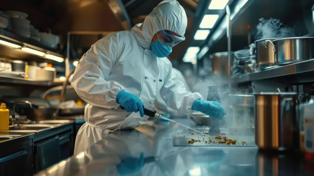 Food safety consultant inspecting kitchen surfaces during a pre-inspection audit to prepare for an Environmental Health Officer inspection in Ireland