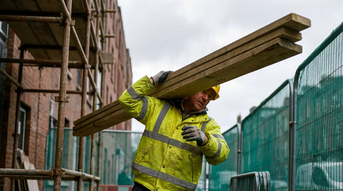 Manual Handling Risk on Construction Sites Construction worker in high-visibility jacket carrying long wooden planks on his shoulder beside scaffolding