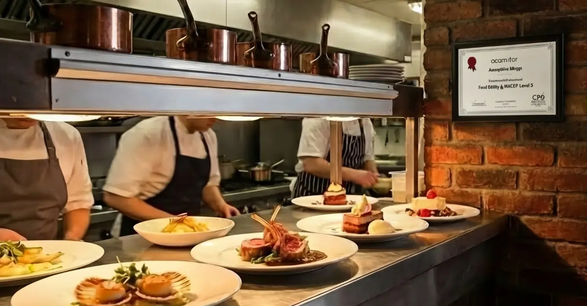 Restaurant kitchen staff plating dishes at the pass with food safety certification displayed, highlighting management responsibility under HACCP Level 3 training