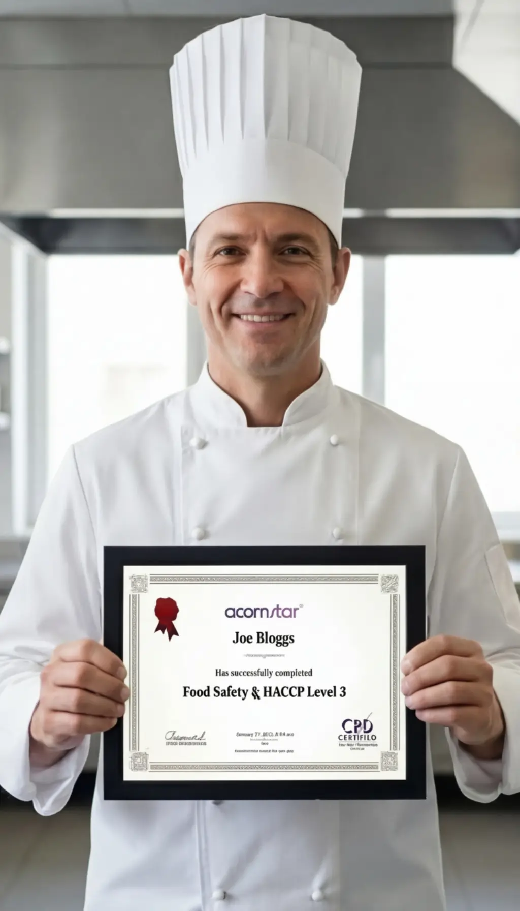 Chef holding a Food Safety and HACCP Level 3 certificate in a professional kitchen environment.