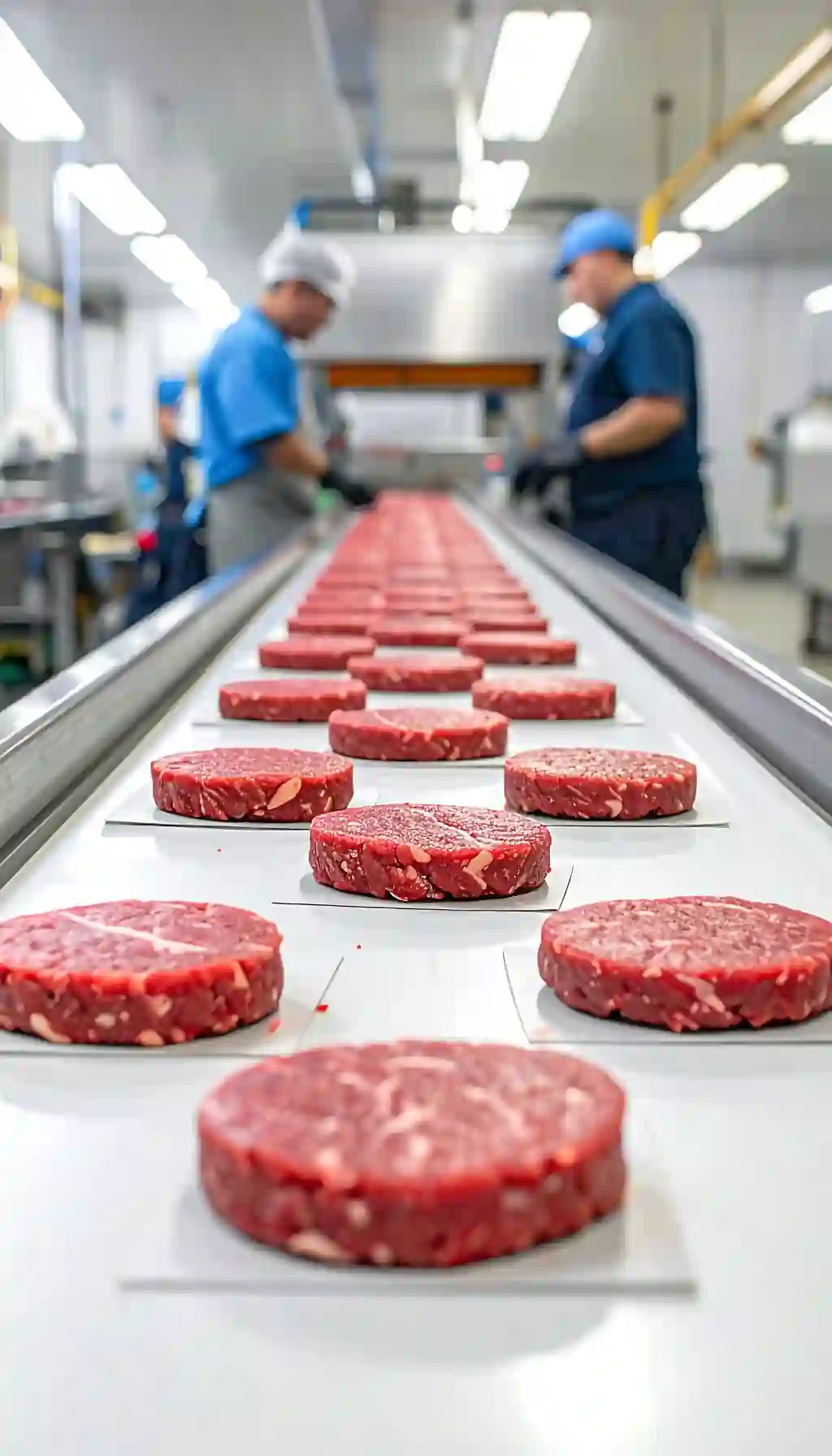 Raw beef burger patties moving along a production line in a food processing plant with workers following hygiene controls.