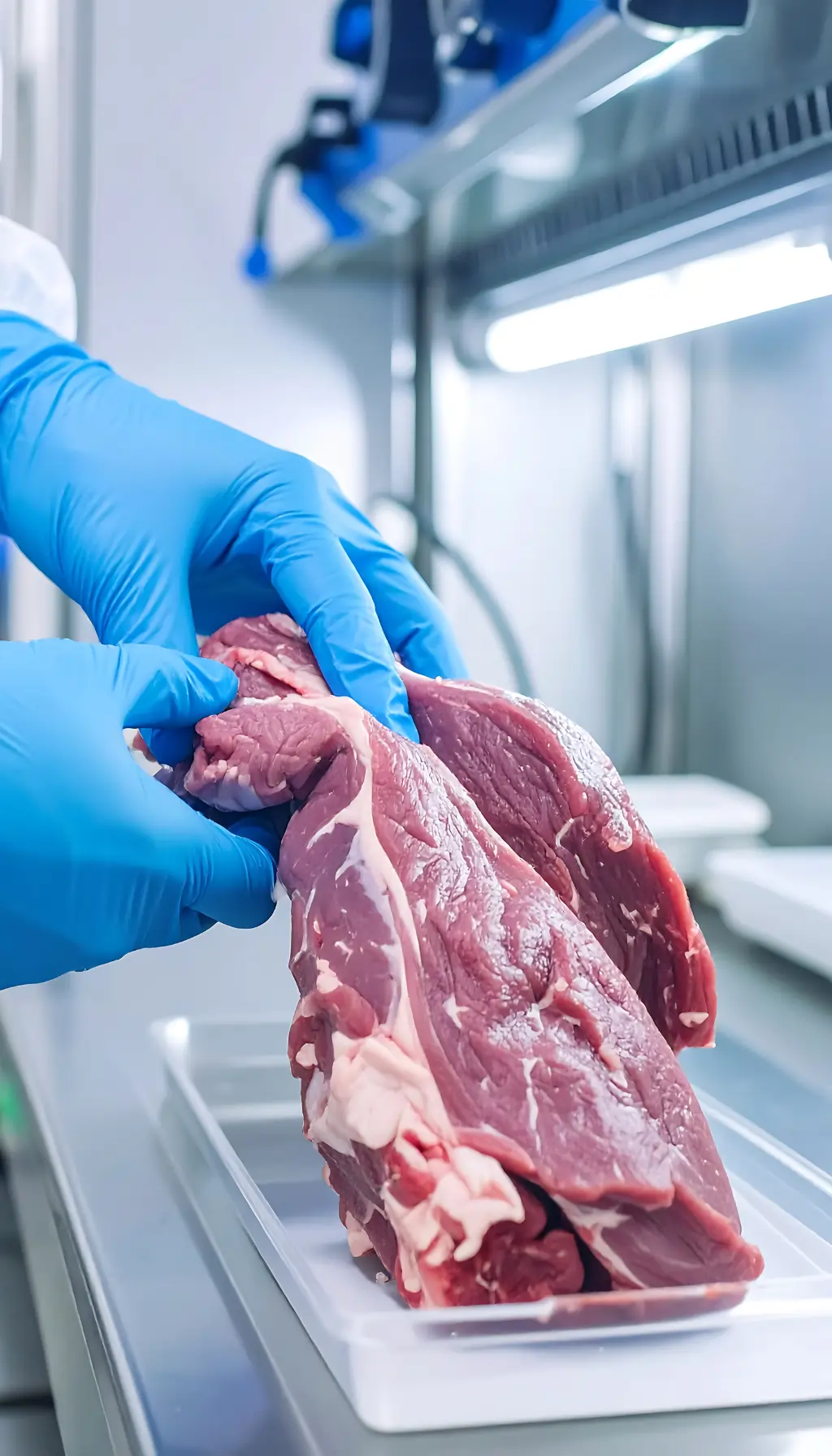 Gloved food handler inspecting raw beef in a commercial kitchen, highlighting critical control points managed under HACCP Level 3 food safety training