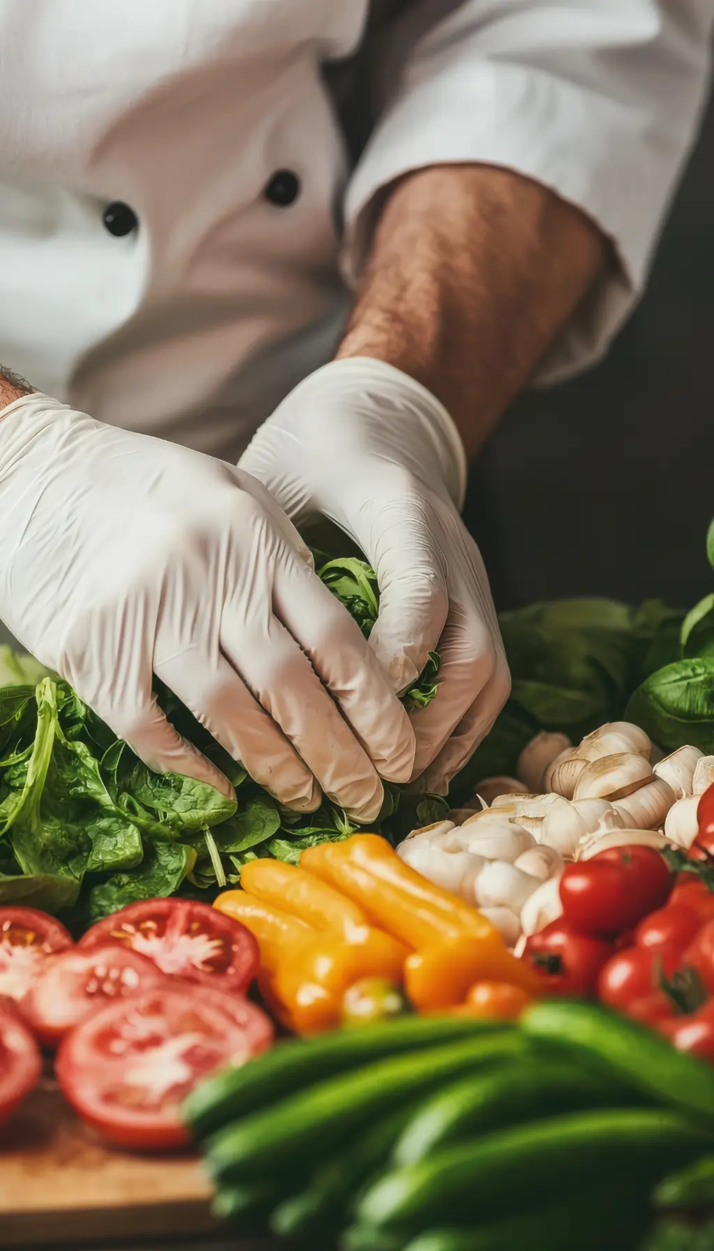 Chef wearing gloves handling fresh vegetables in a commercial kitchen, demonstrating cross-contamination controls managed under HACCP Level 3 training