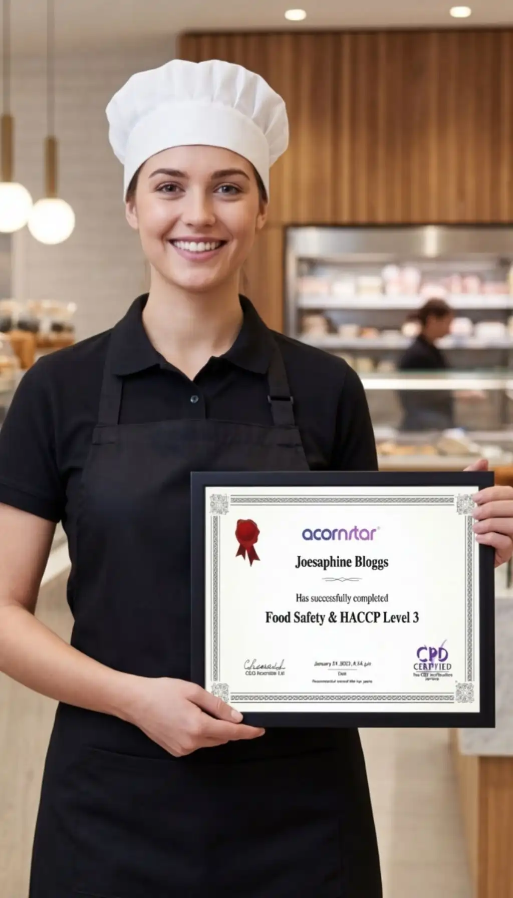 Food handler holding HACCP Level 3 food safety certificate, demonstrating management-level training required for supervisory roles