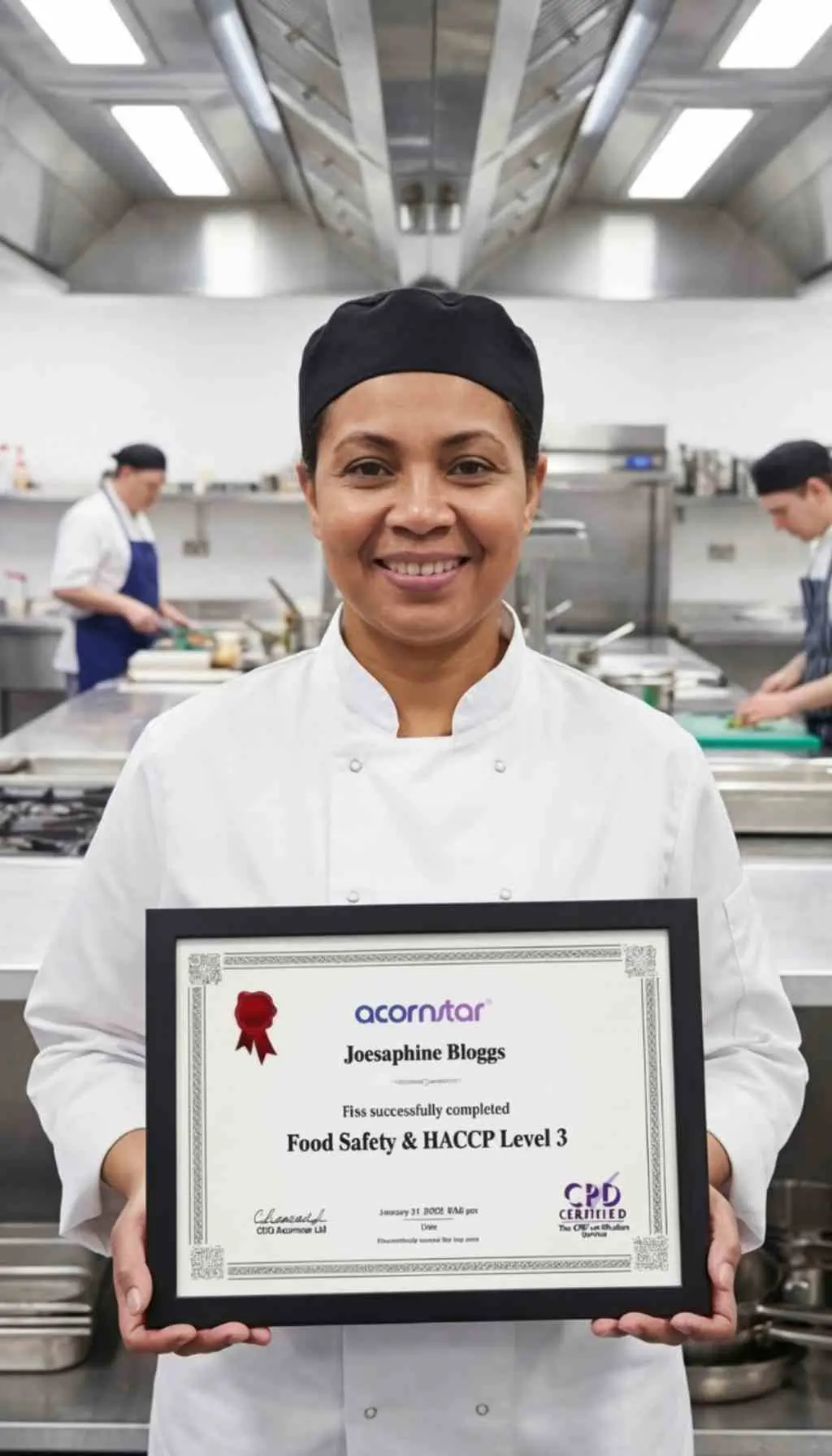 Head chef holding a Food Safety and HACCP Level 3 certificate in a commercial kitchen