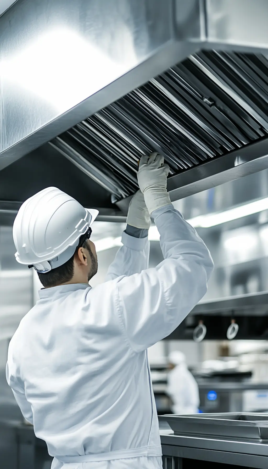 Kitchen staff member inspecting and cleaning a commercial extraction canopy and ventilation filters in a professional kitchen.