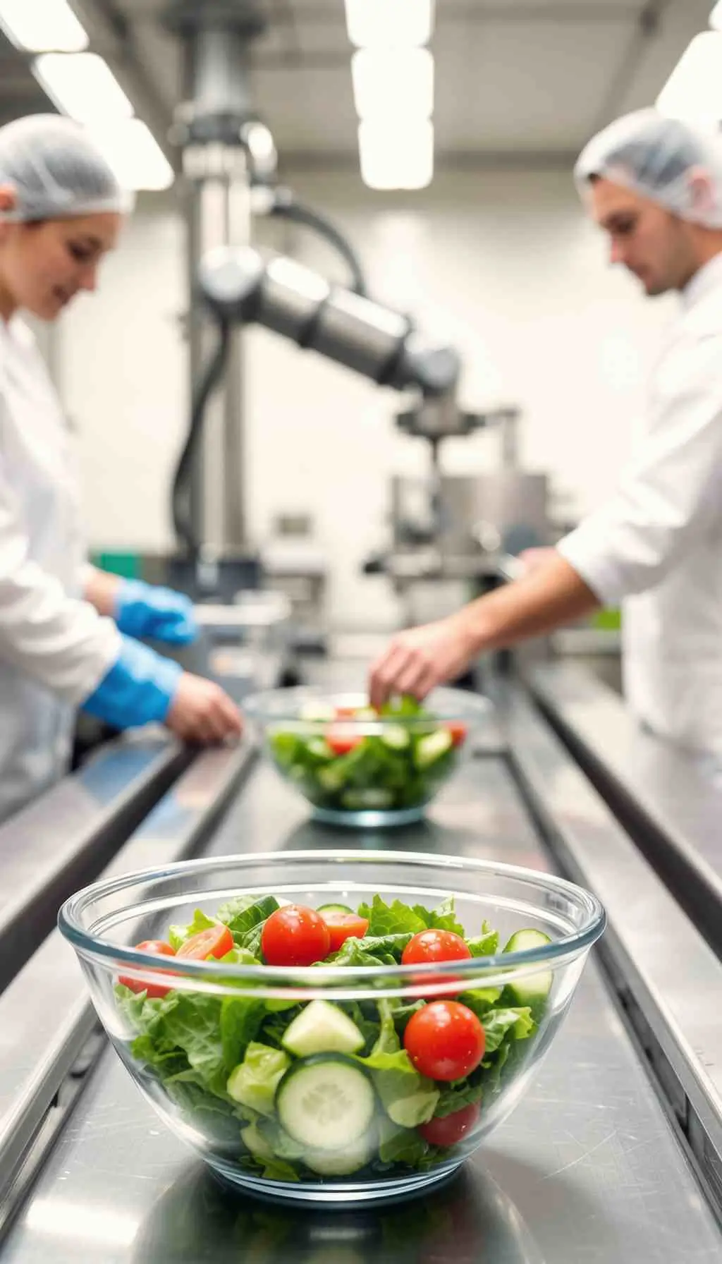 Food handlers preparing ready-to-eat salad in a commercial kitchen following HACCP hygiene controls
