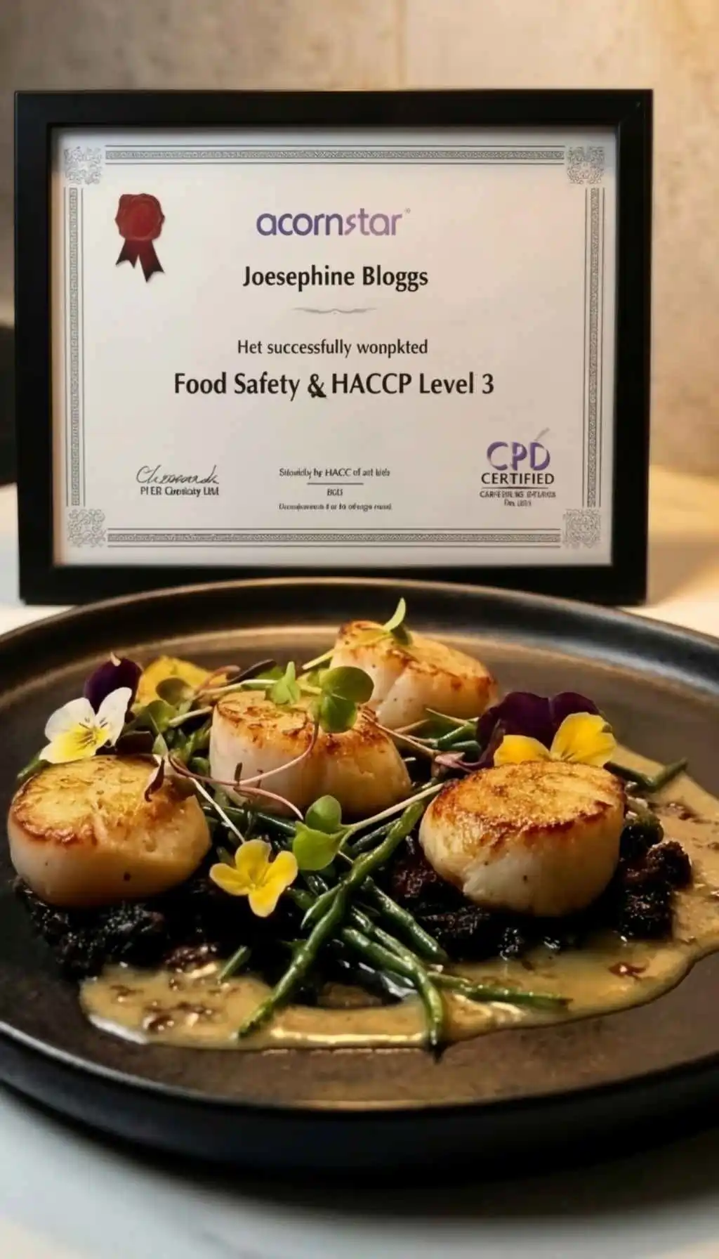 Food Safety and HACCP Level 3 certificate displayed behind a professionally prepared restaurant dish