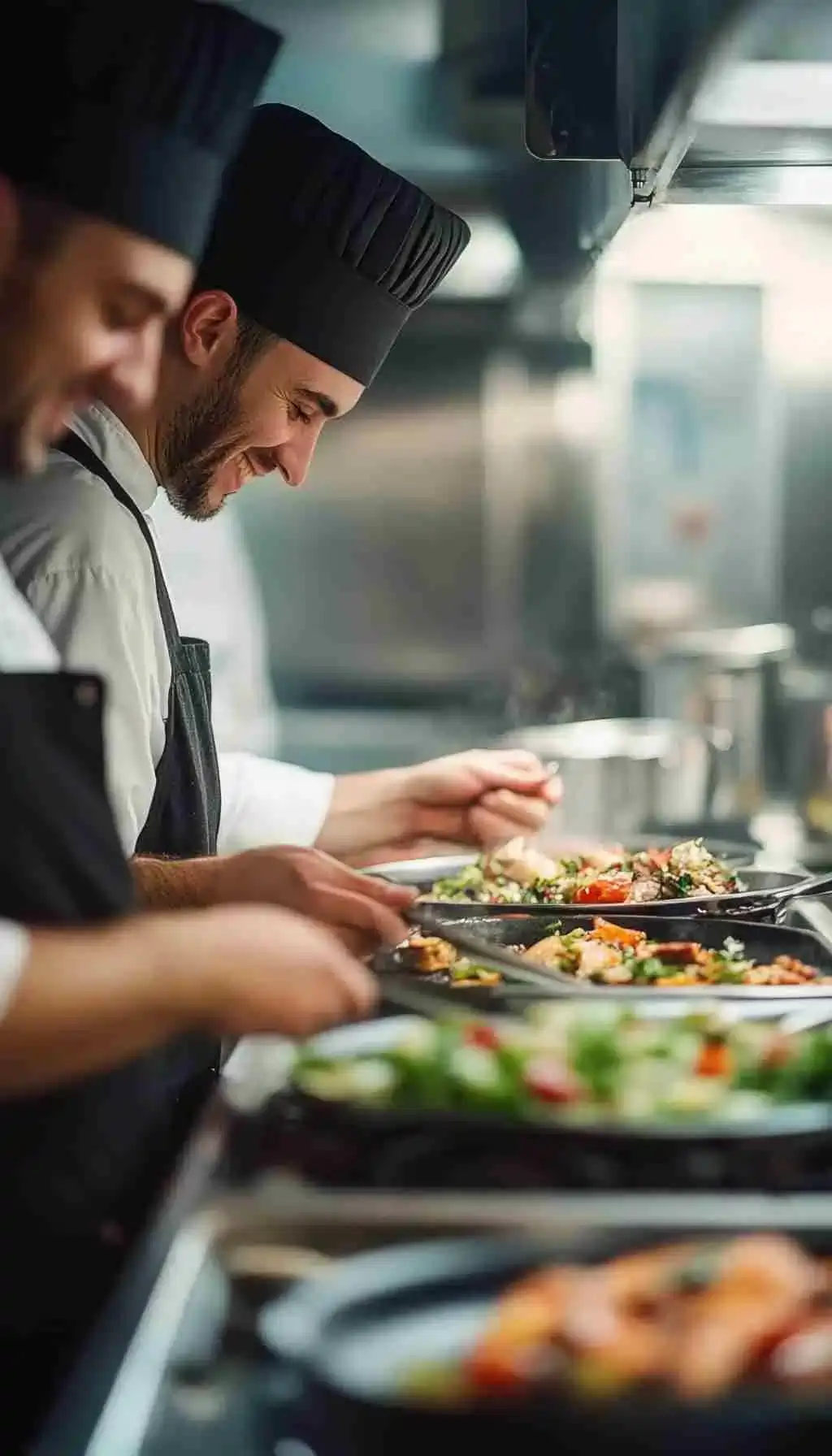 Chefs preparing multiple dishes in a commercial kitchen with a focus on efficient food production and waste reduction