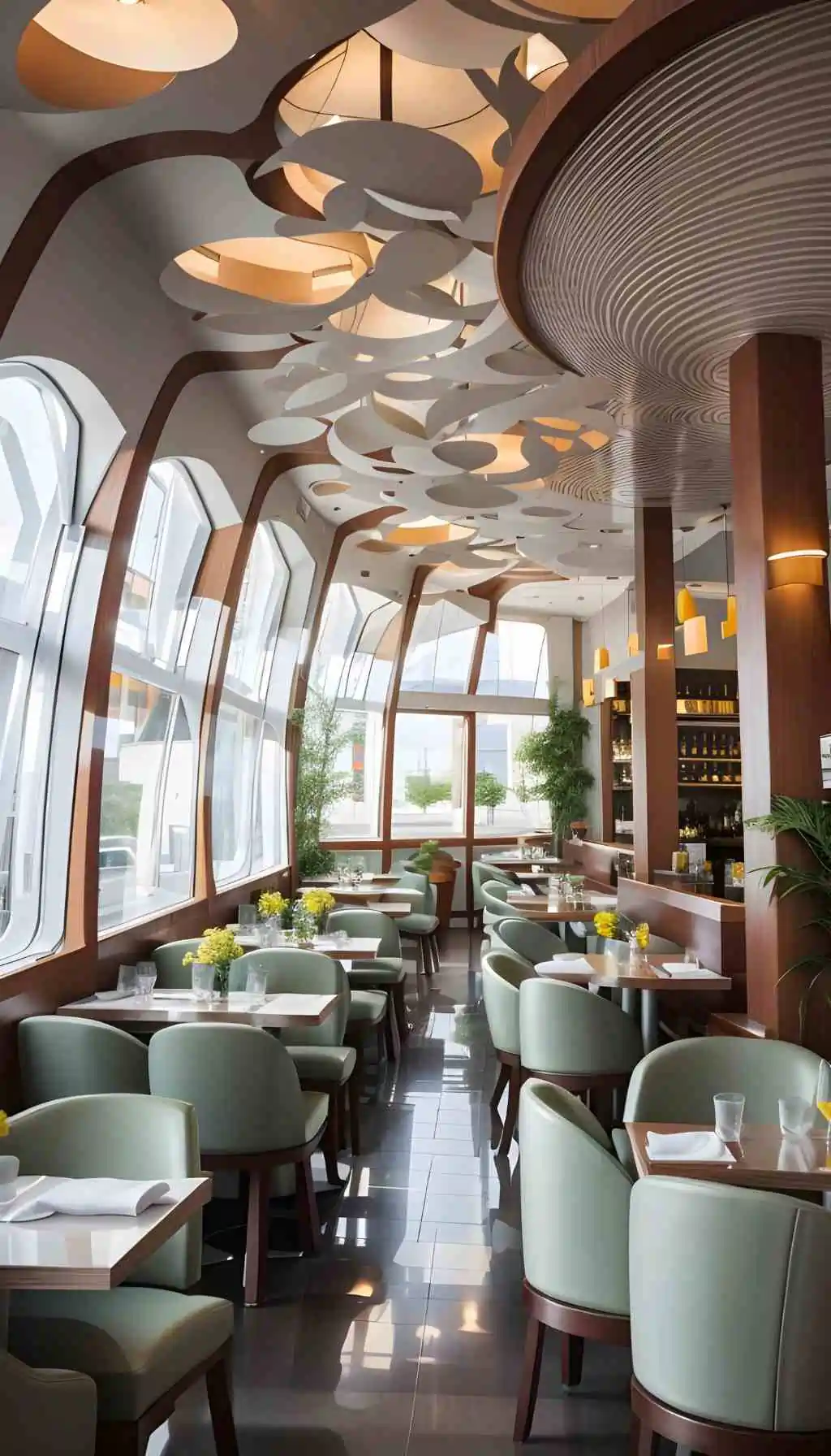 Bright modern restaurant interior with neatly set tables and contemporary design