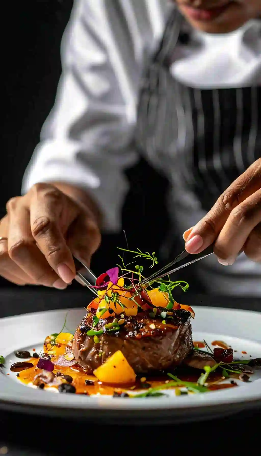 Chef carefully plating a gourmet steak dish in a professional kitchen following HACCP food safety standards