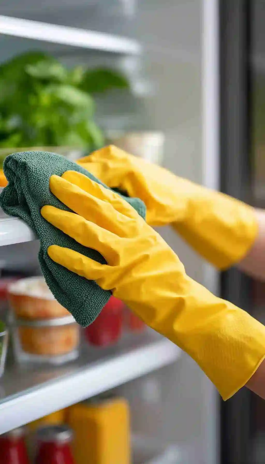 Person wearing yellow protective gloves cleaning the inside shelf of a refrigerator containing stored food items