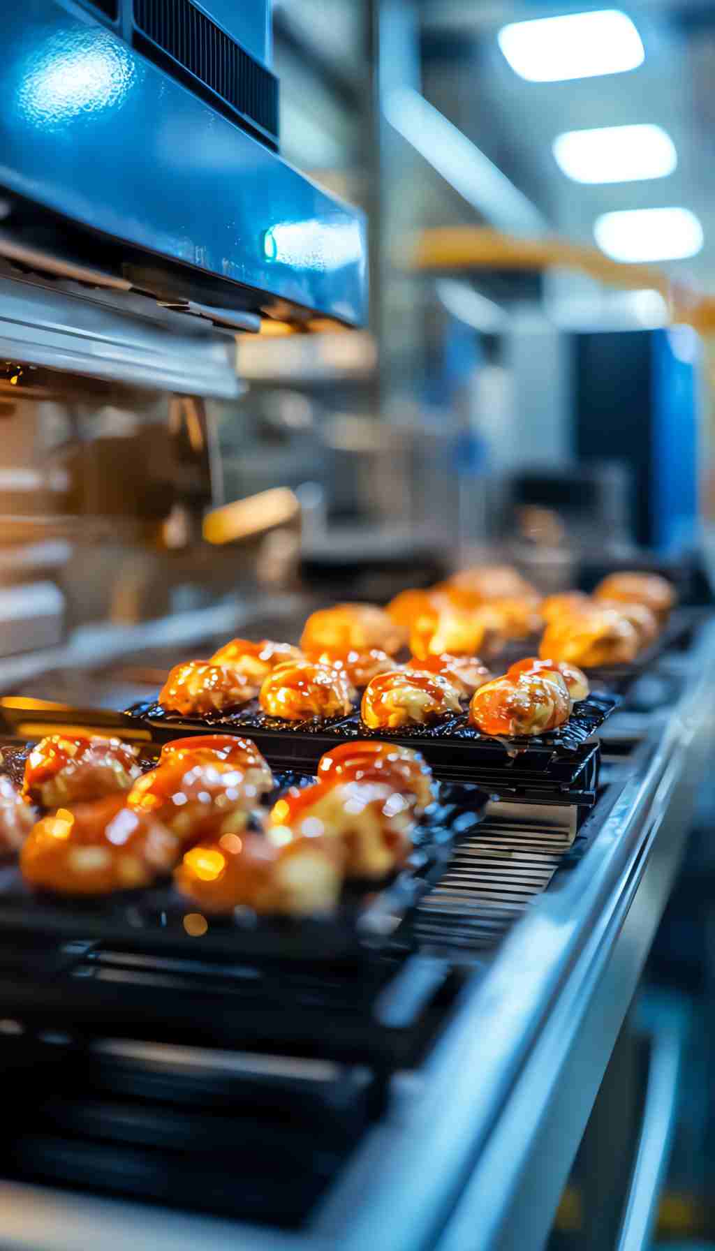 Glazed food products cooking on trays inside an industrial conveyor oven in a food processing facility
