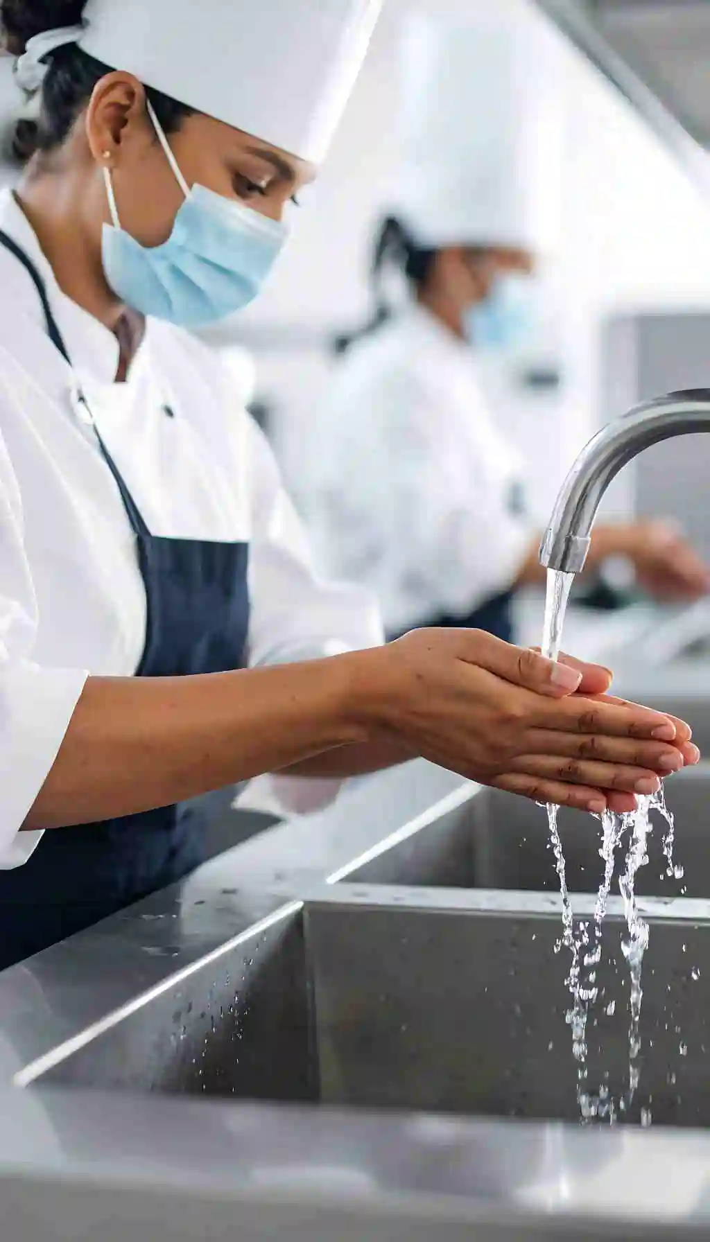 Food handler wearing a mask and chef’s uniform washing hands under running water at a stainless steel sink