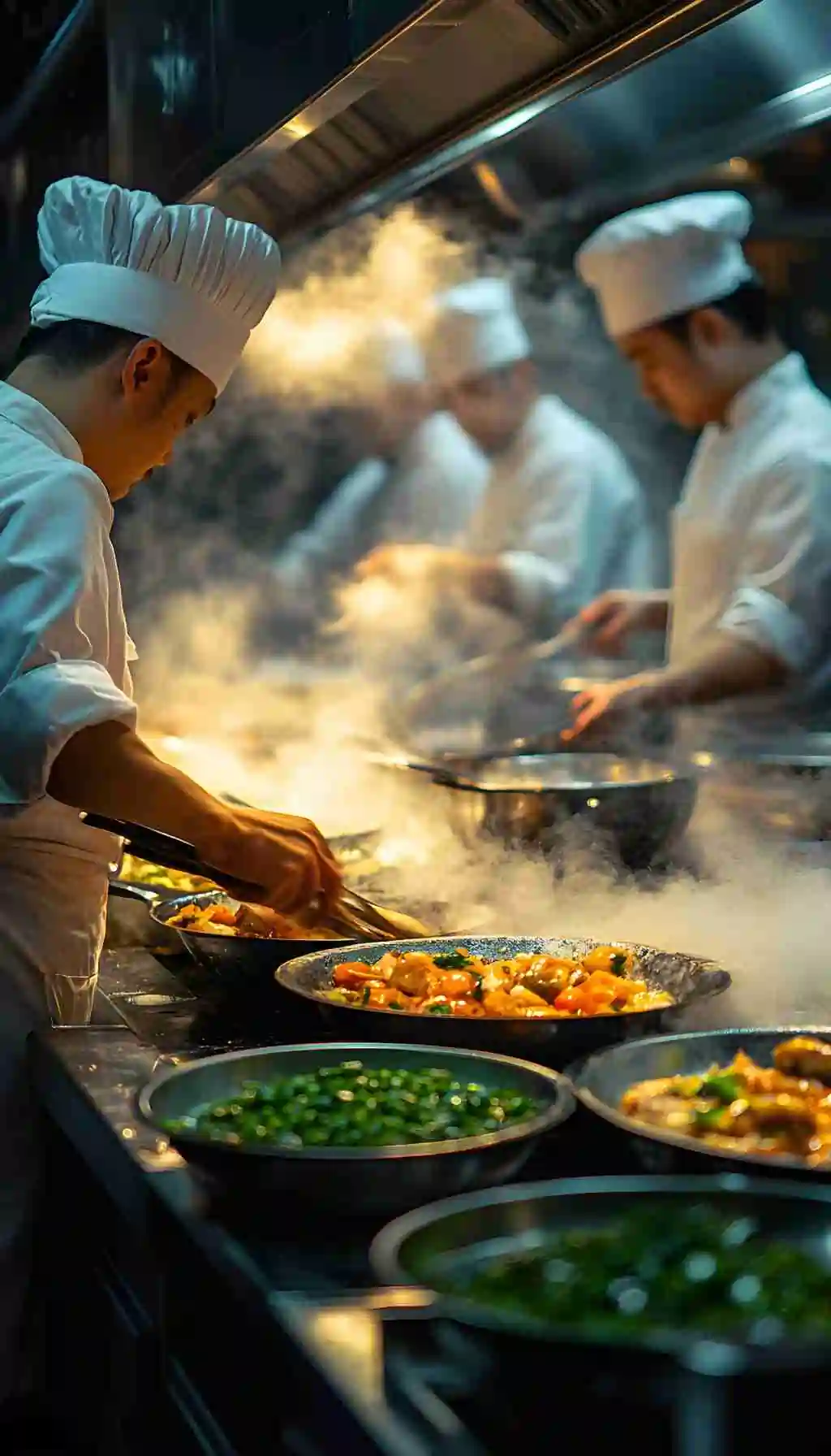 Chefs working over multiple hot pans in a busy commercial kitchen during high-temperature food preparation