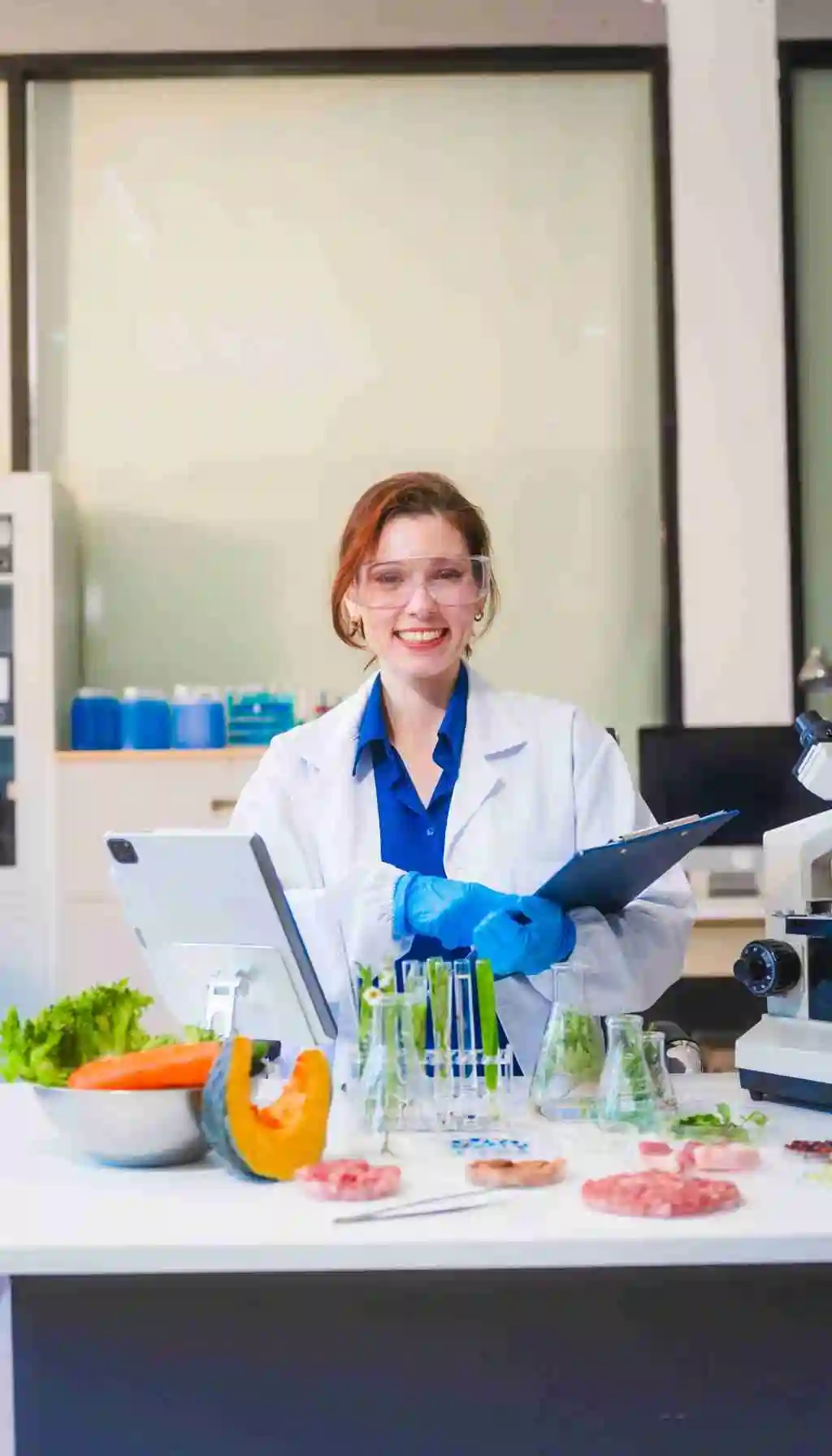 Food safety technician wearing protective gloves and goggles conducting food testing in a laboratory with fresh produce and samples