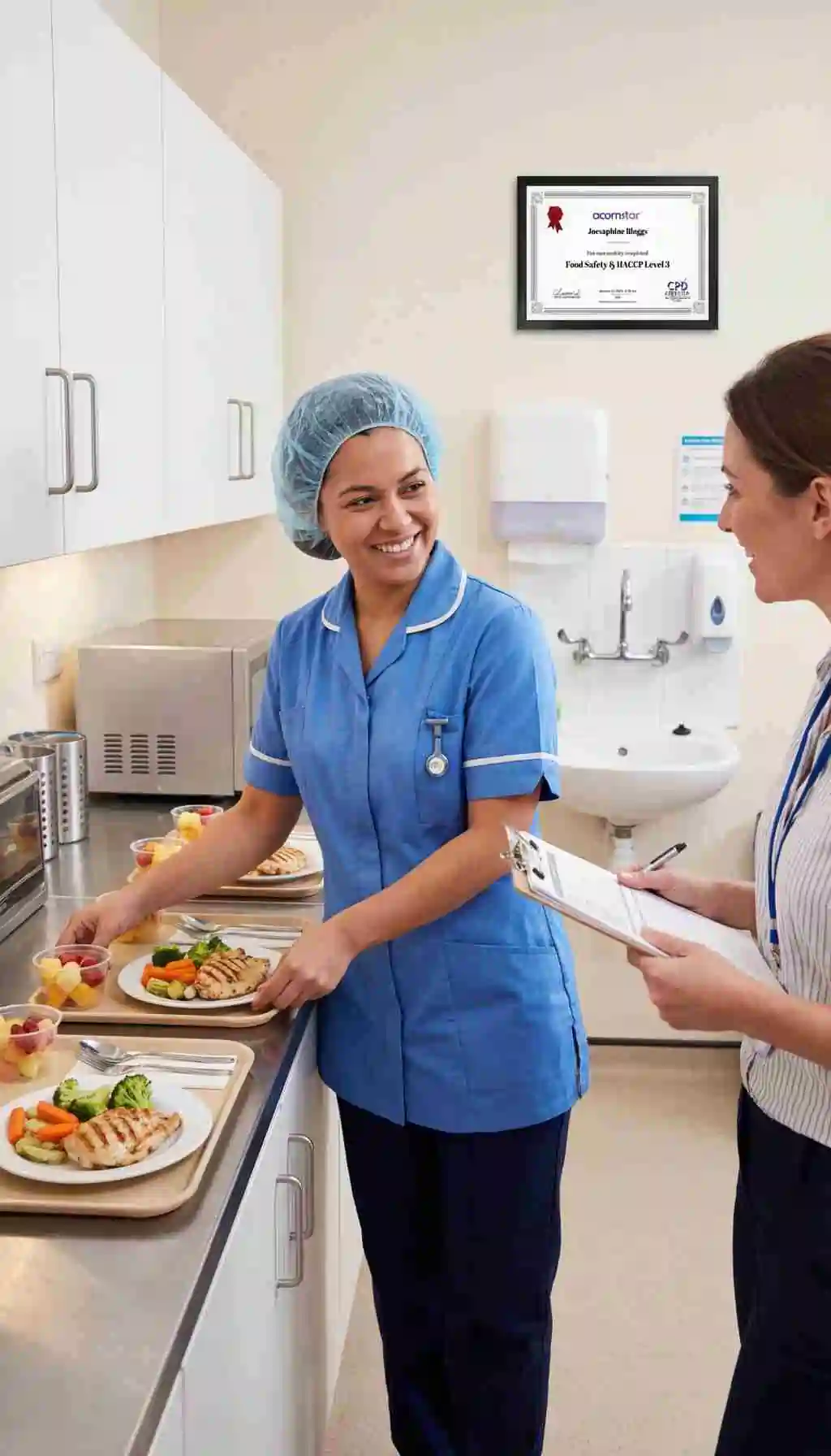 Healthcare catering staff preparing plated meals while a supervisor conducts a food safety check