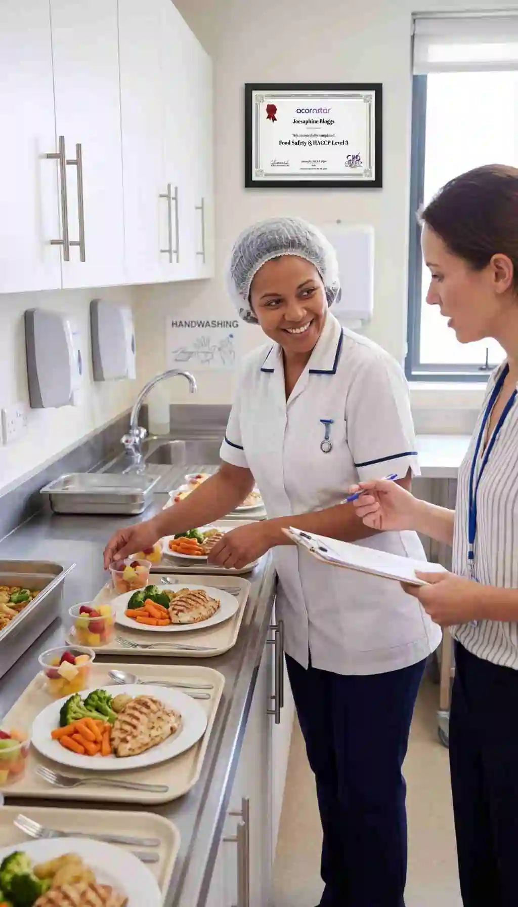 Supervised Meal Preparation in a Healthcare Catering Environment Healthcare catering staff plating meals while a supervisor checks standards using a clipboard
