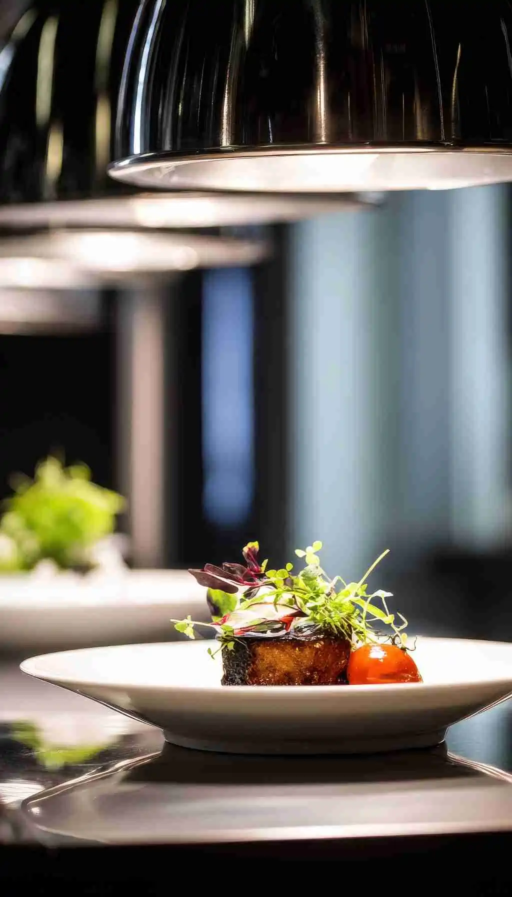 Plated restaurant dish positioned under a heat lamp on a professional kitchen pass