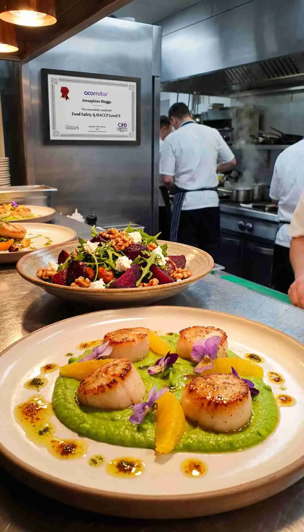 Plated fine dining dishes on a restaurant pass with a Food Safety and HACCP Level 3 certificate displayed in a commercial kitchen