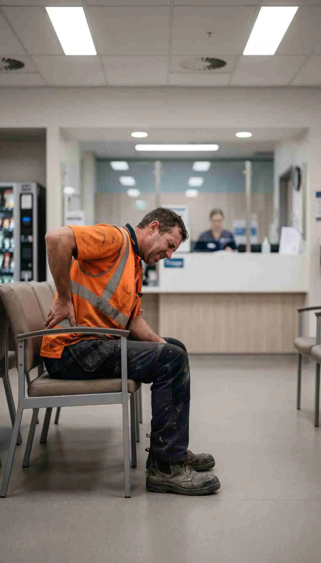 Manual Handling Injury Resulting in Lower Back Pain Construction worker in high-visibility clothing sitting in a waiting area holding his lower back in pain