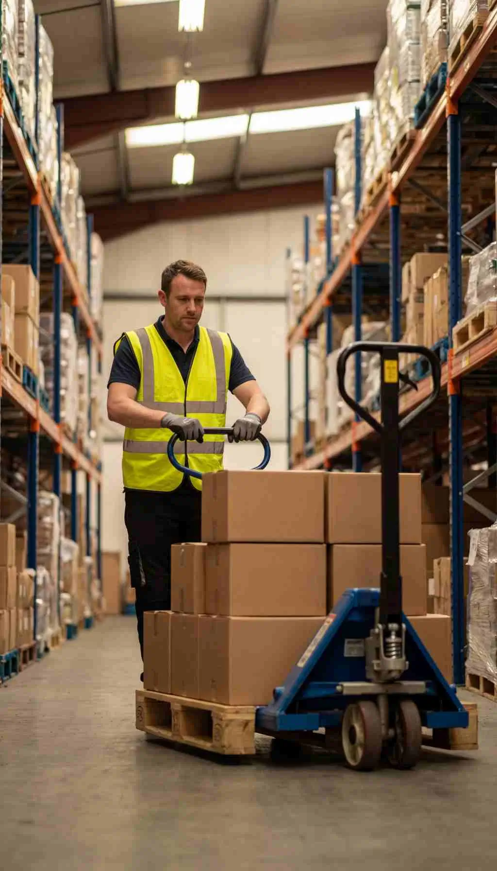 Safe Manual Handling Using a Pallet Truck in a Warehouse Warehouse worker wearing a high-visibility vest using a pallet truck to move stacked cardboard boxes along an aisle
