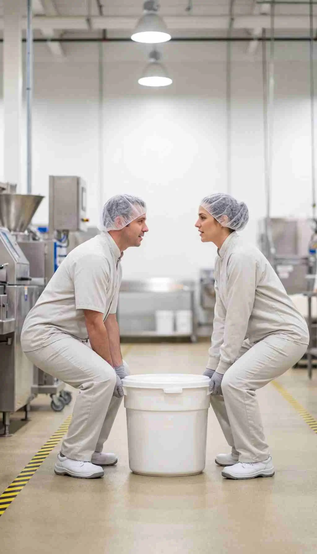 Two food production workers wearing hairnets and protective clothing lifting a large white container together