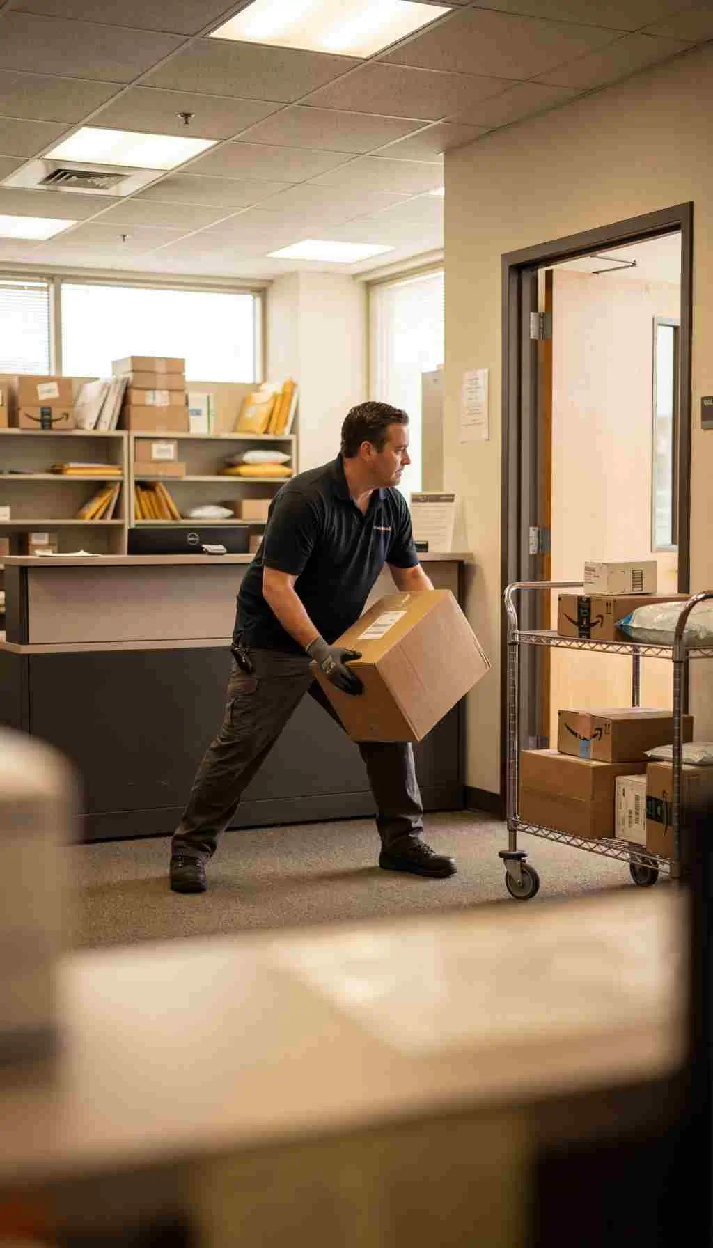 Worker lifting a heavy cardboard box with poor posture near a trolley in an office storeroom