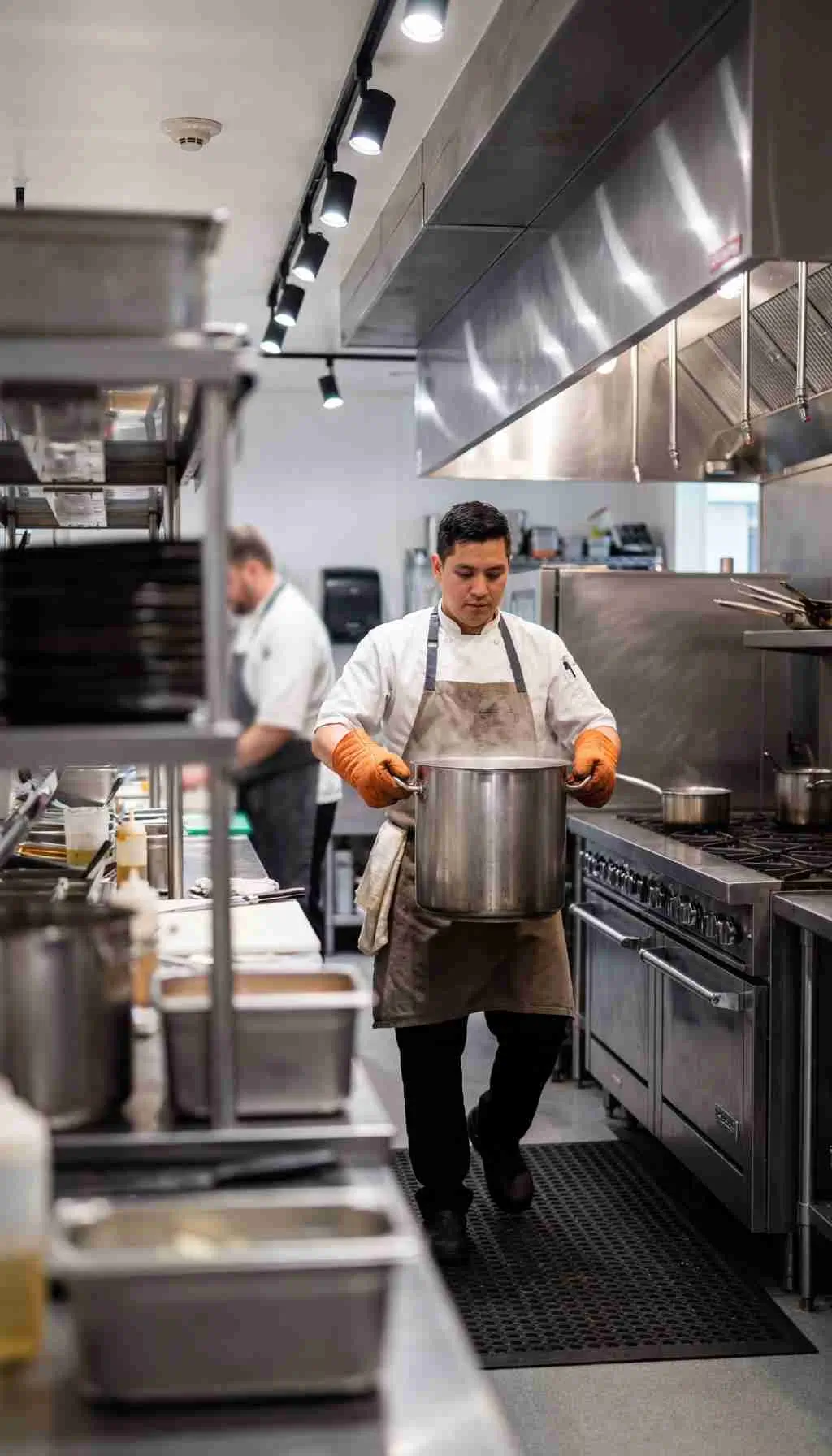 Chef carrying a large hot stock pot through a commercial kitchen during food preparation