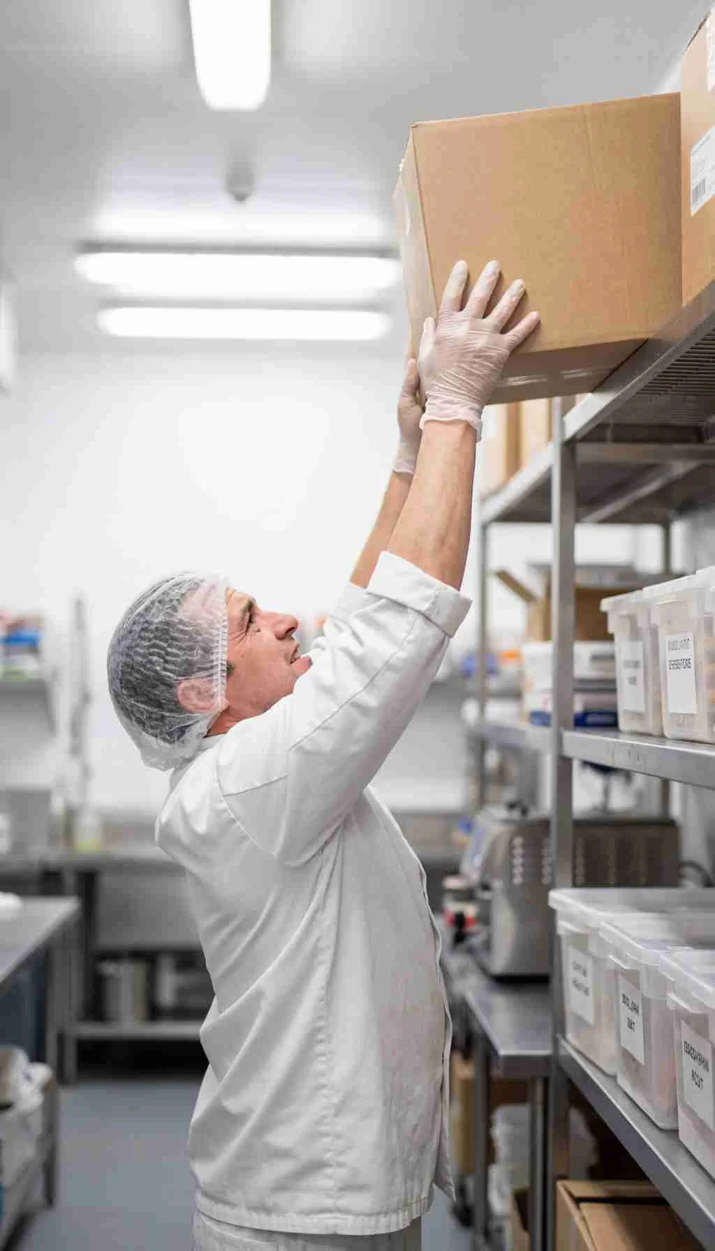 Food production worker wearing gloves and a hairnet placing a cardboard box on a high storage shelf