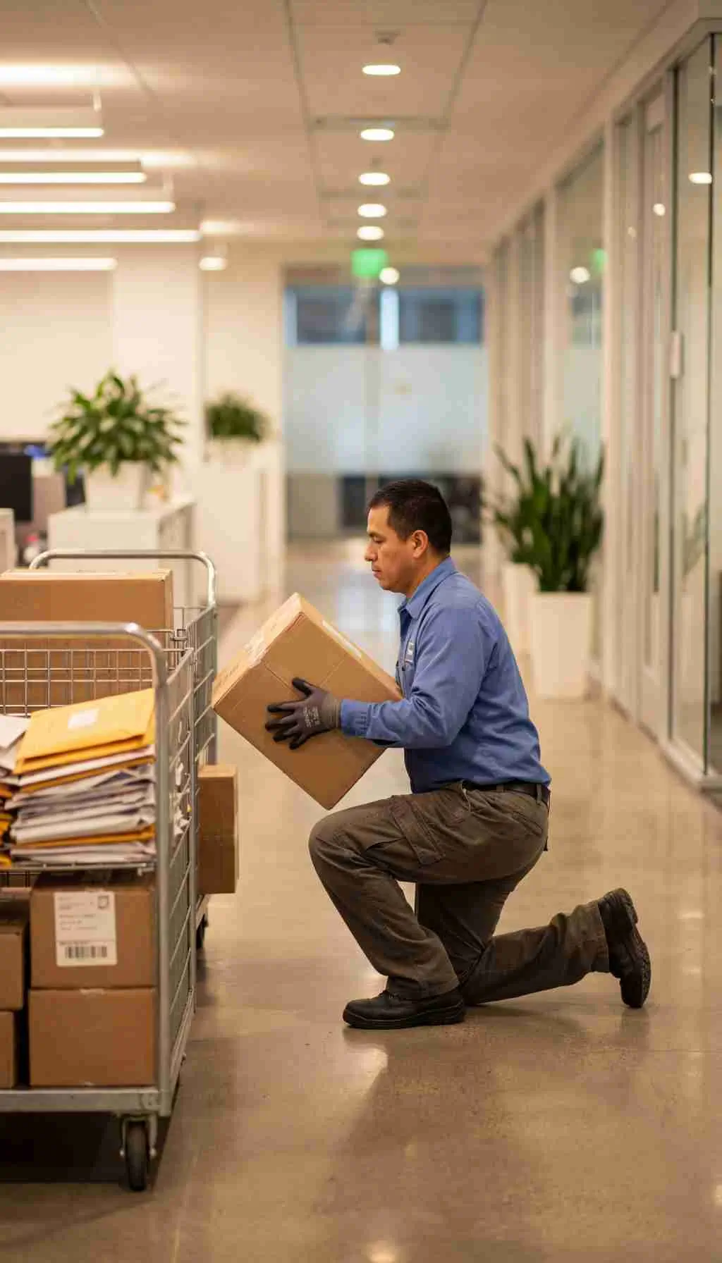 Manual Handling Risks in Office and Facilities Work Facilities worker kneeling to lift a cardboard box from a wheeled mail trolley in an office corridor