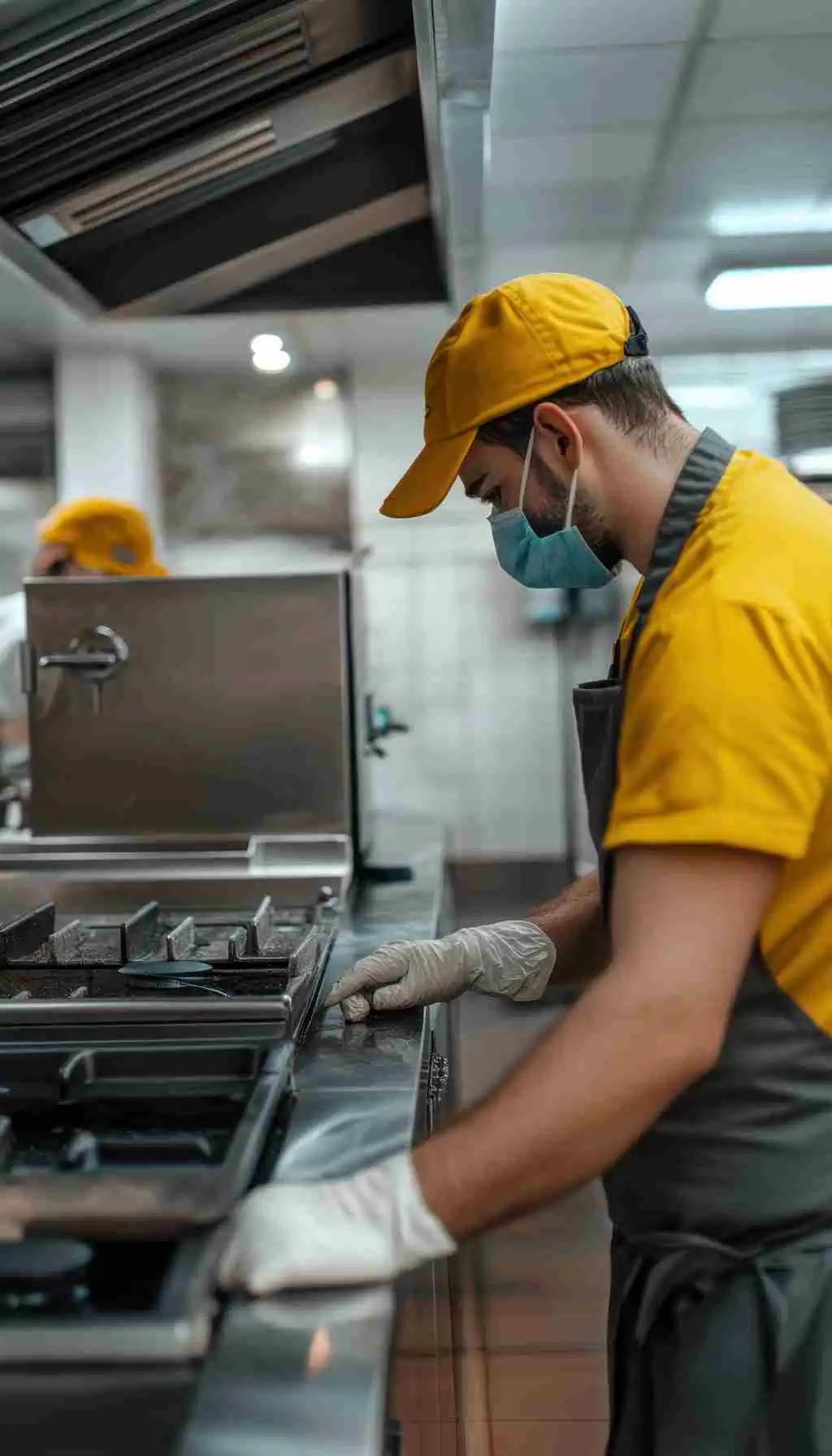 Commercial kitchen worker wearing a face mask, gloves and cap cleaning stainless steel cooking equipment