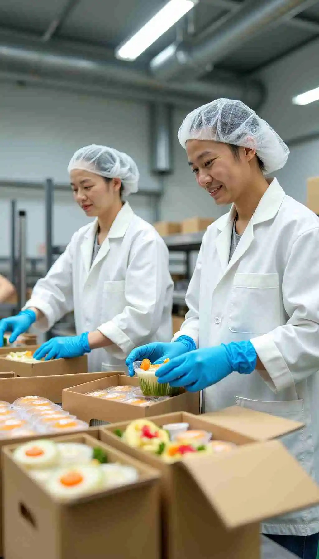Food production workers wearing hairnets, gloves and white coats packing prepared meals into cardboard boxes