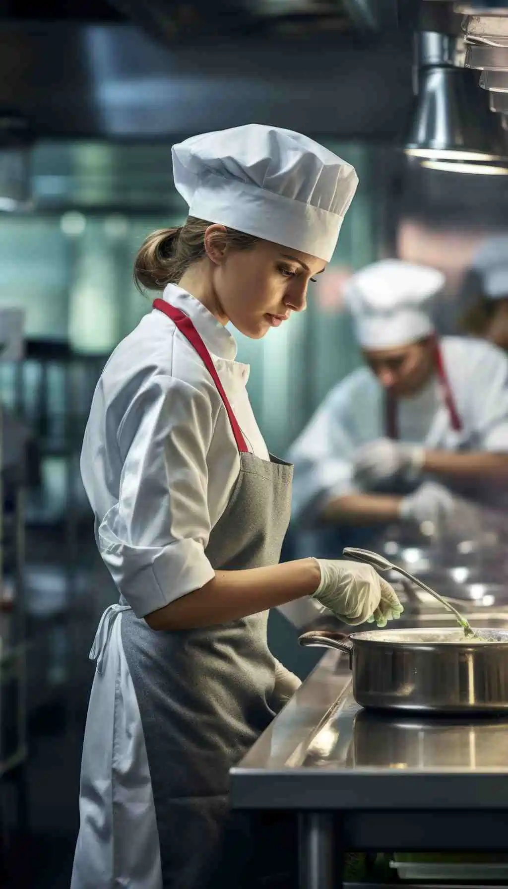Chef wearing a white uniform and hat preparing food at a stainless steel workstation in a professional kitchen