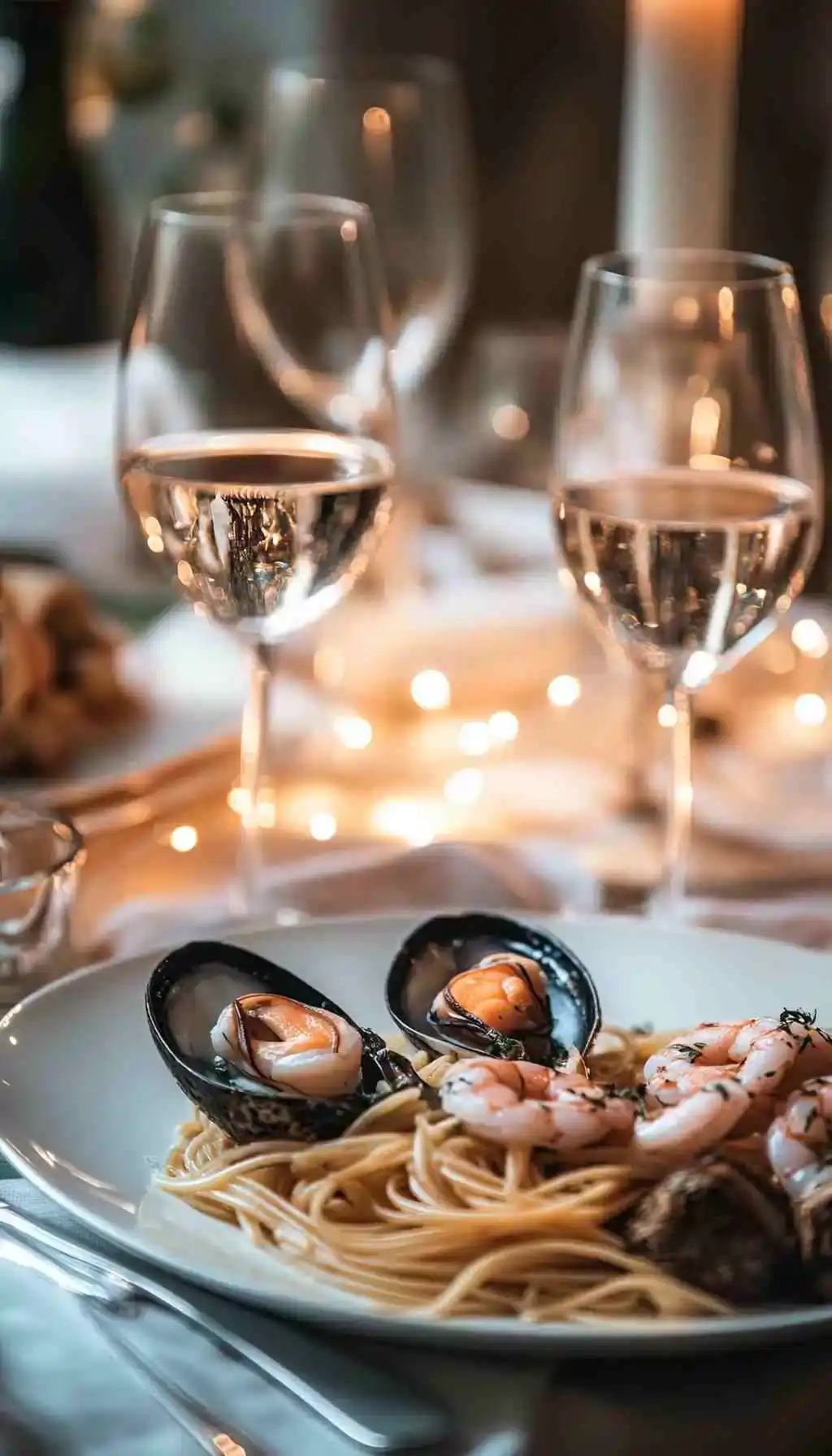 Seafood pasta dish served with wine in a fine dining restaurant setting