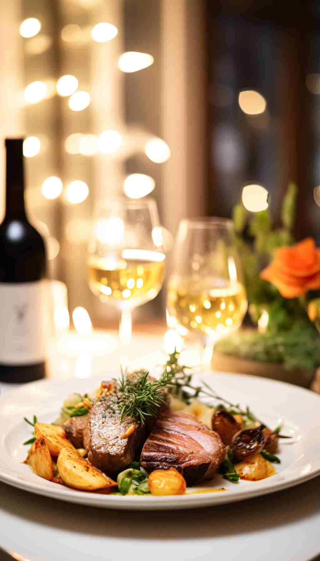 Plated restaurant meal served in a dining setting with wine glasses on the table
