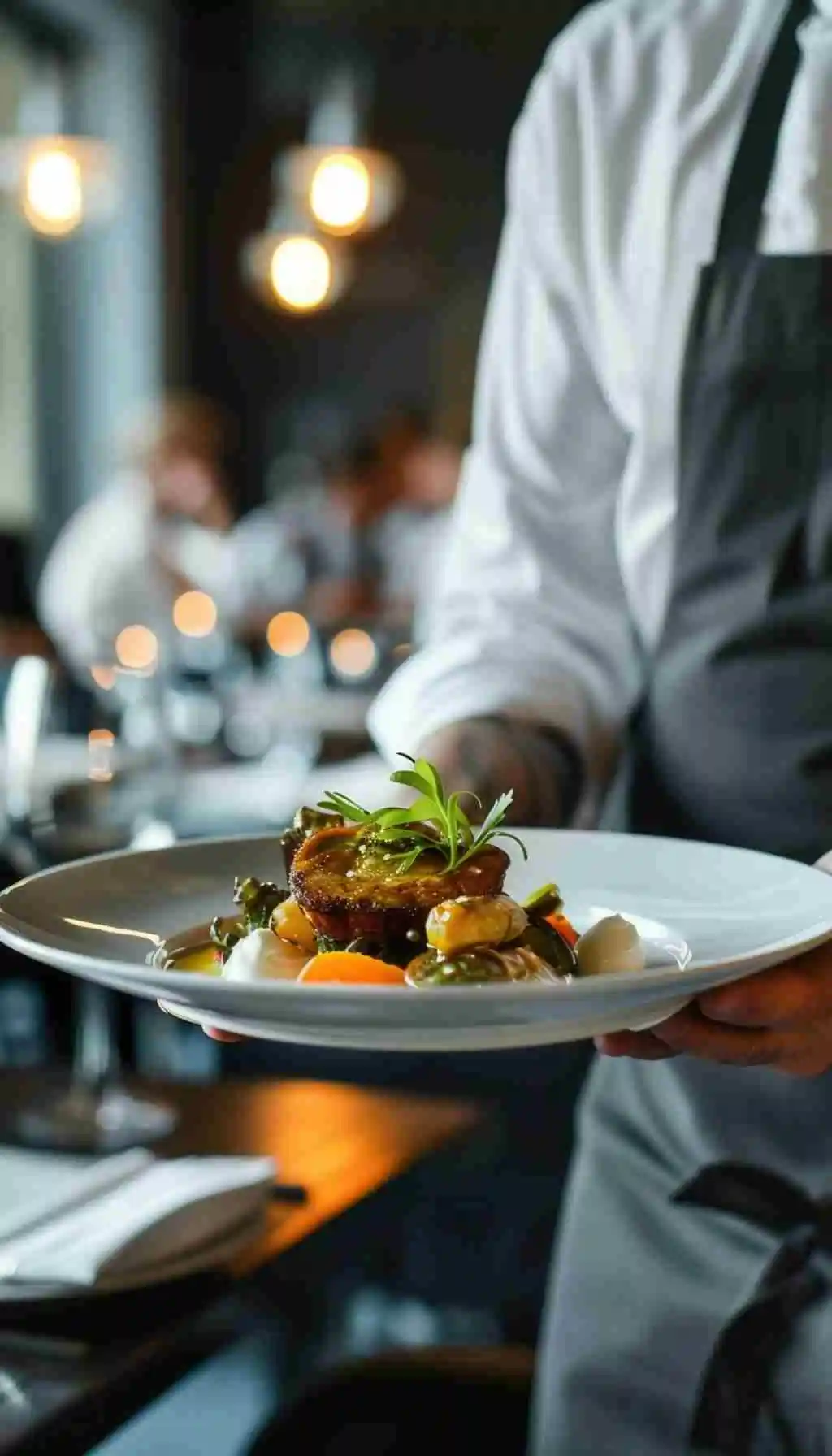 Restaurant server presenting a plated hot meal prepared in a professional kitchen