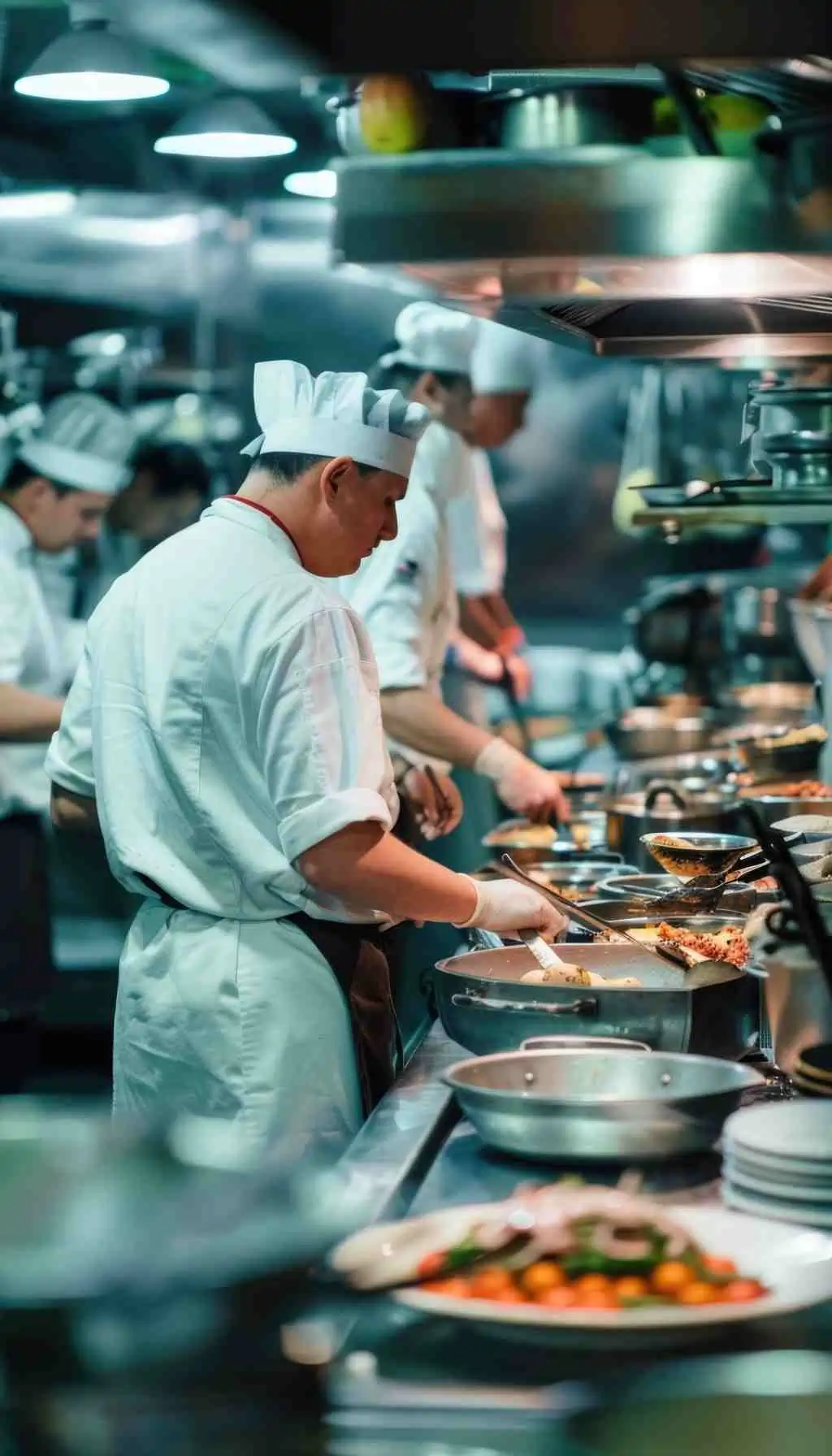 Chefs preparing multiple dishes in a busy commercial kitchen environment