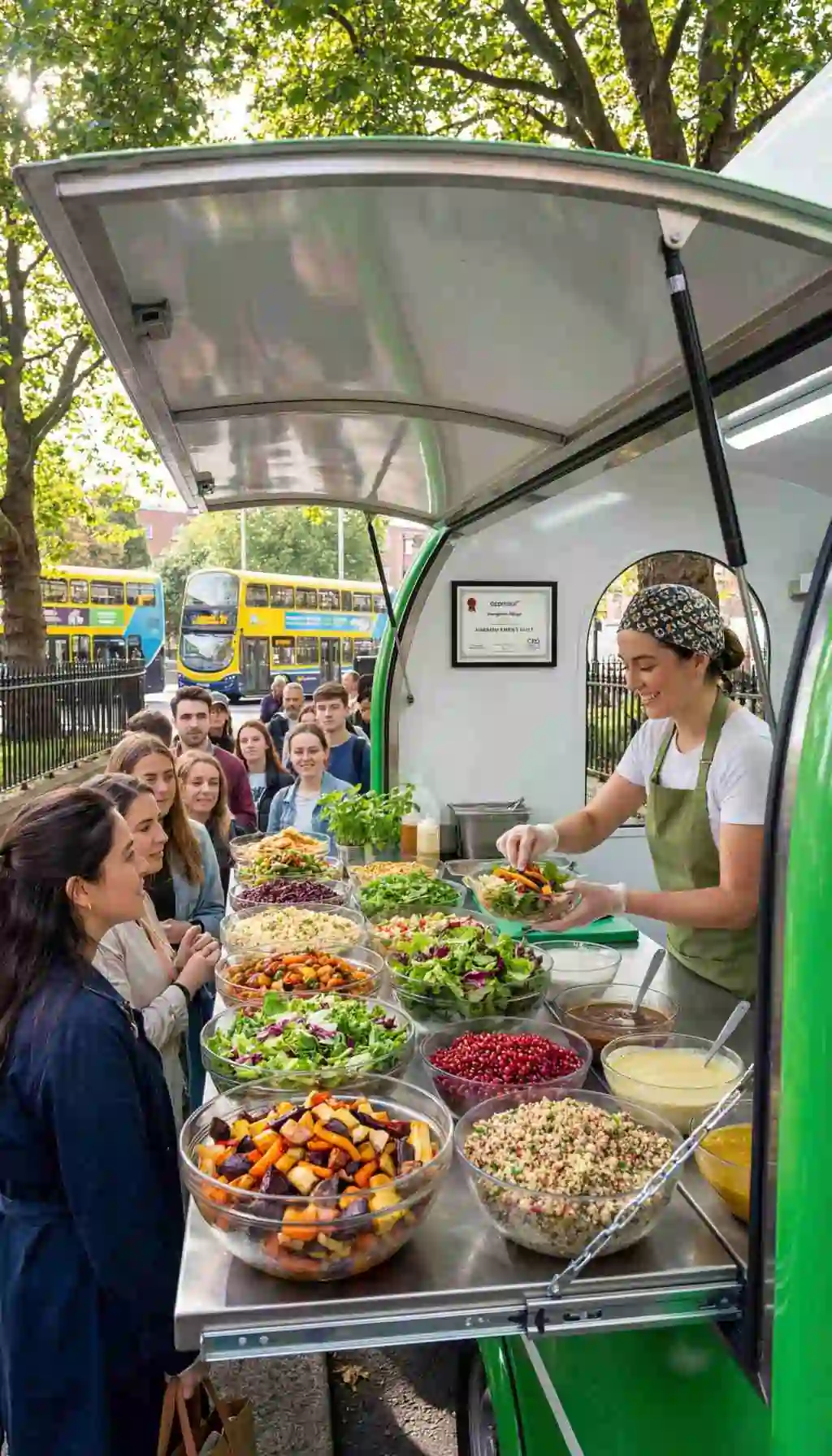 HACCP Level 3 compliant street food truck serving fresh salads Street food vendor serving fresh salads from a mobile food truck with customers queuing and HACCP Level 3 certificate displayed inside the unit