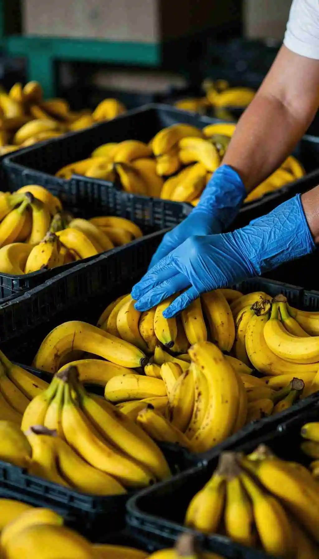 Worker wearing blue gloves inspecting bananas during food processing