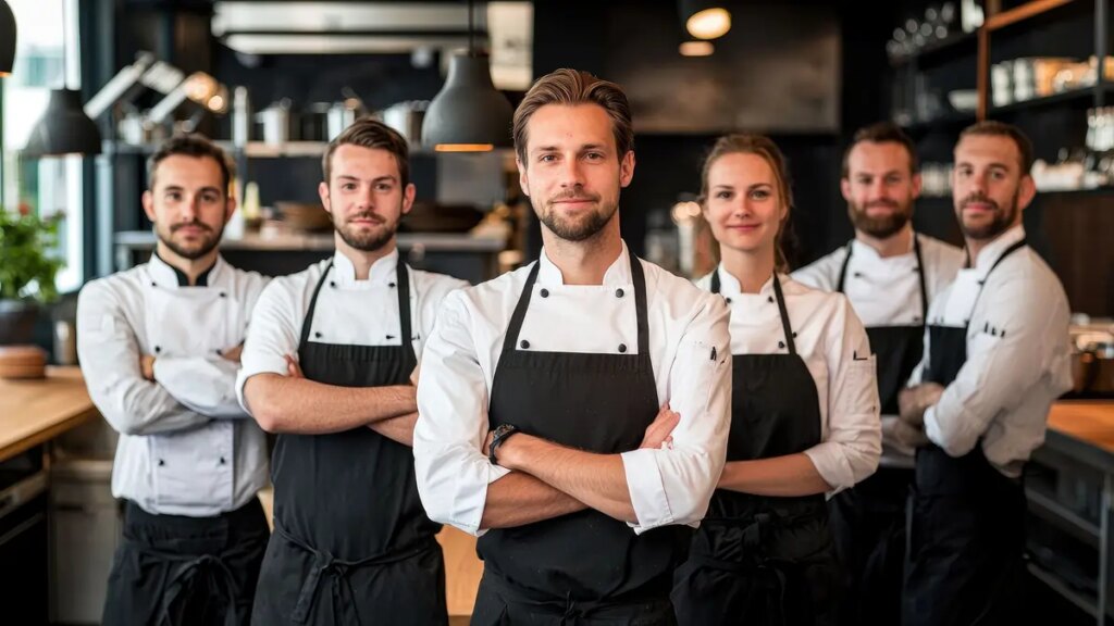 Group of chefs standing confidently in commercial kitchen