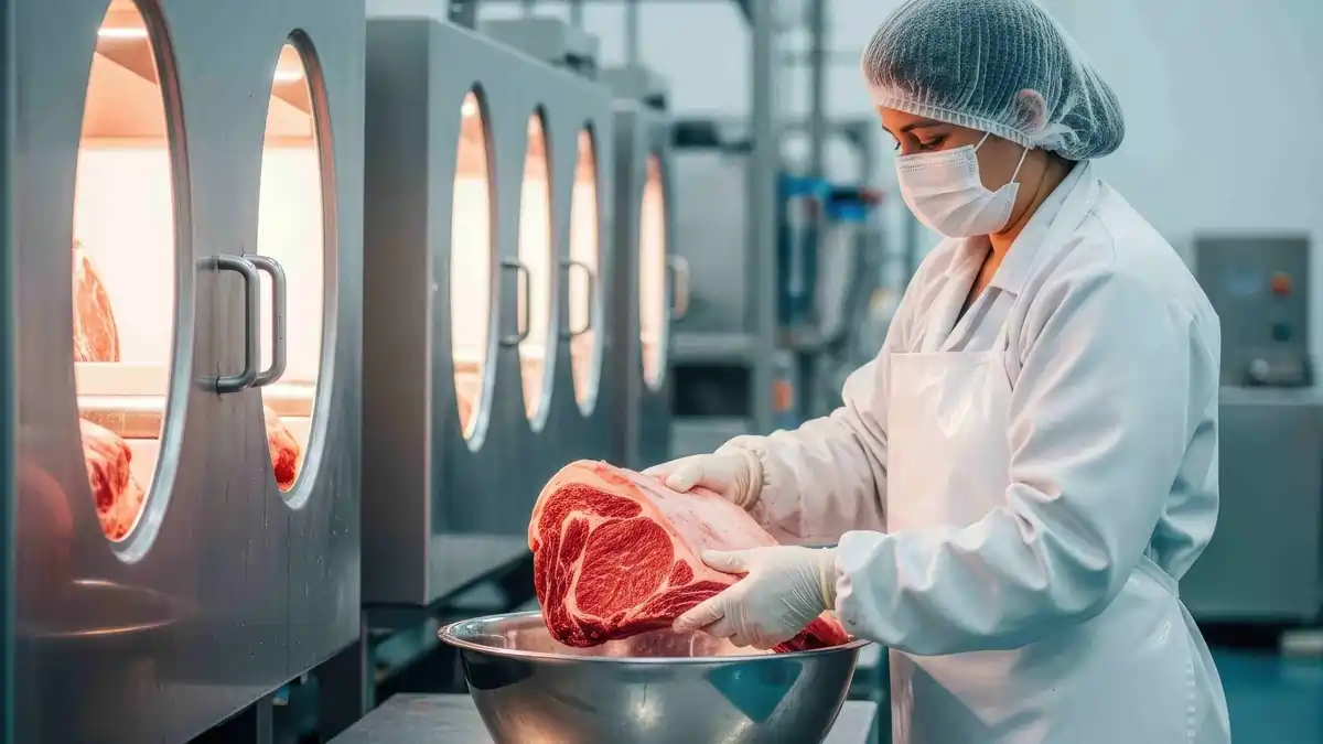 Waiter serving a plated main course at a restaurant table during evening service