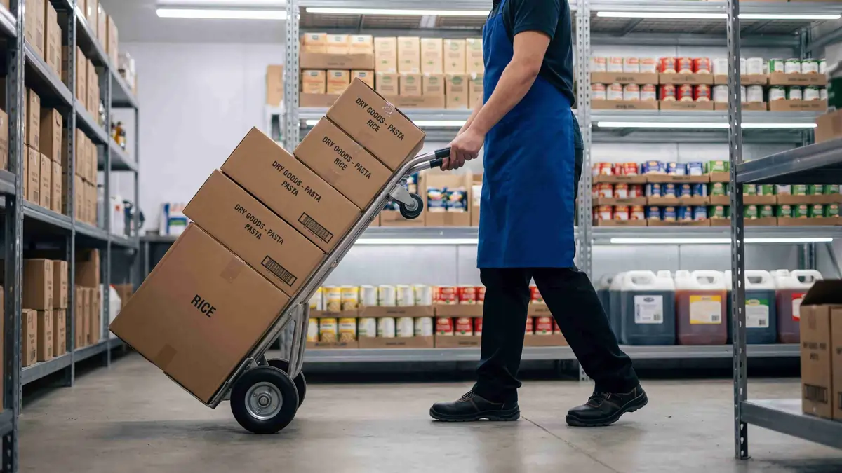 Safe Manual Handling Using Trolley in Food Storage Area Food industry worker transporting stacked dry goods boxes on a trolley in a warehouse storage area