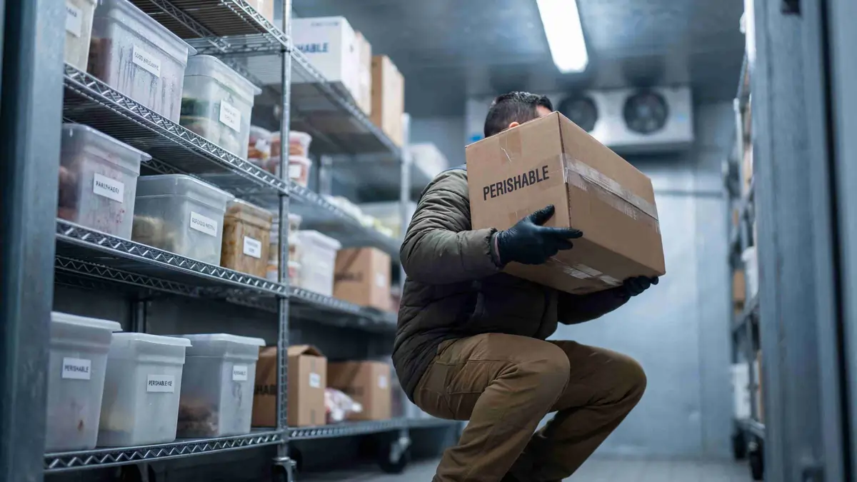 Manual Handling of Perishable Goods in Cold Storage Facility Food warehouse worker lifting a perishable goods box in a refrigerated cold storage room