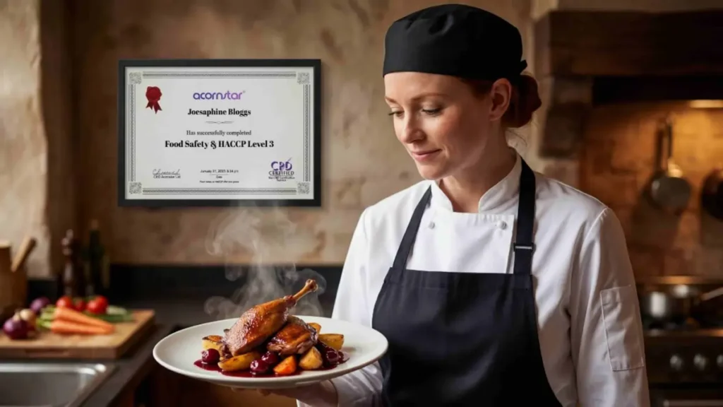Professional chef holding a plated meal with Food Safety and HACCP Level 3 certificate displayed