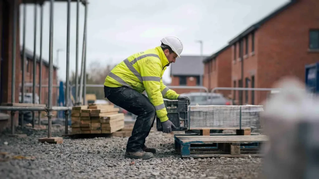 Worker wearing high-visibility PPE using correct manual handling technique to lift materials from a pallet at an industrial site