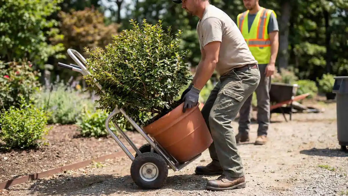 Worker using a hand truck to safely move a heavy potted plant while wearing protective gloves and observing correct manual handling posture