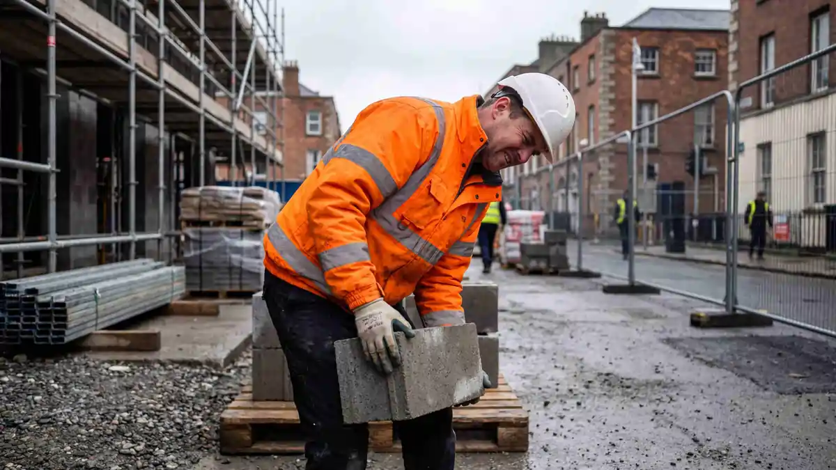Construction worker bending incorrectly while lifting a heavy concrete block on a building site