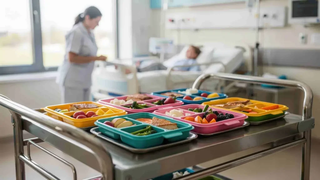 Colour-coded hospital meal trays on stainless steel trolley with nurse attending patient in background