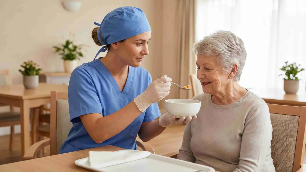 Horizontal blog images - 2026-02-12T195839.284 Worker seated in a waiting area holding her lower back in pain while a colleague offers water